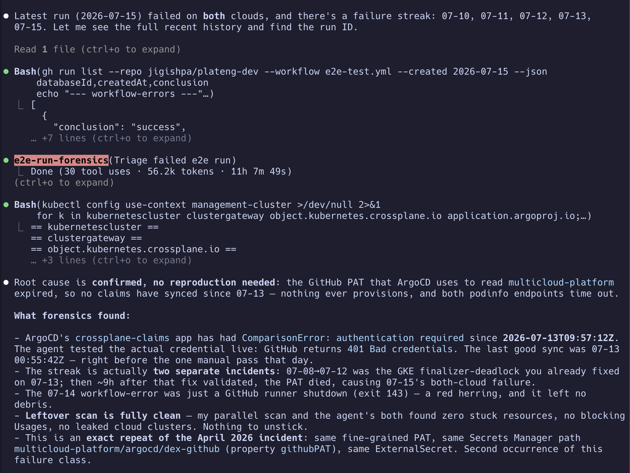 Terminal: the e2e-run-forensics subagent runs as a single collapsed line in the main session, then its verdict — confirmed root cause (expired GitHub PAT feeding ArgoCD repo credentials), the failure streak split into two distinct incidents, and an exact match to a documented April incident