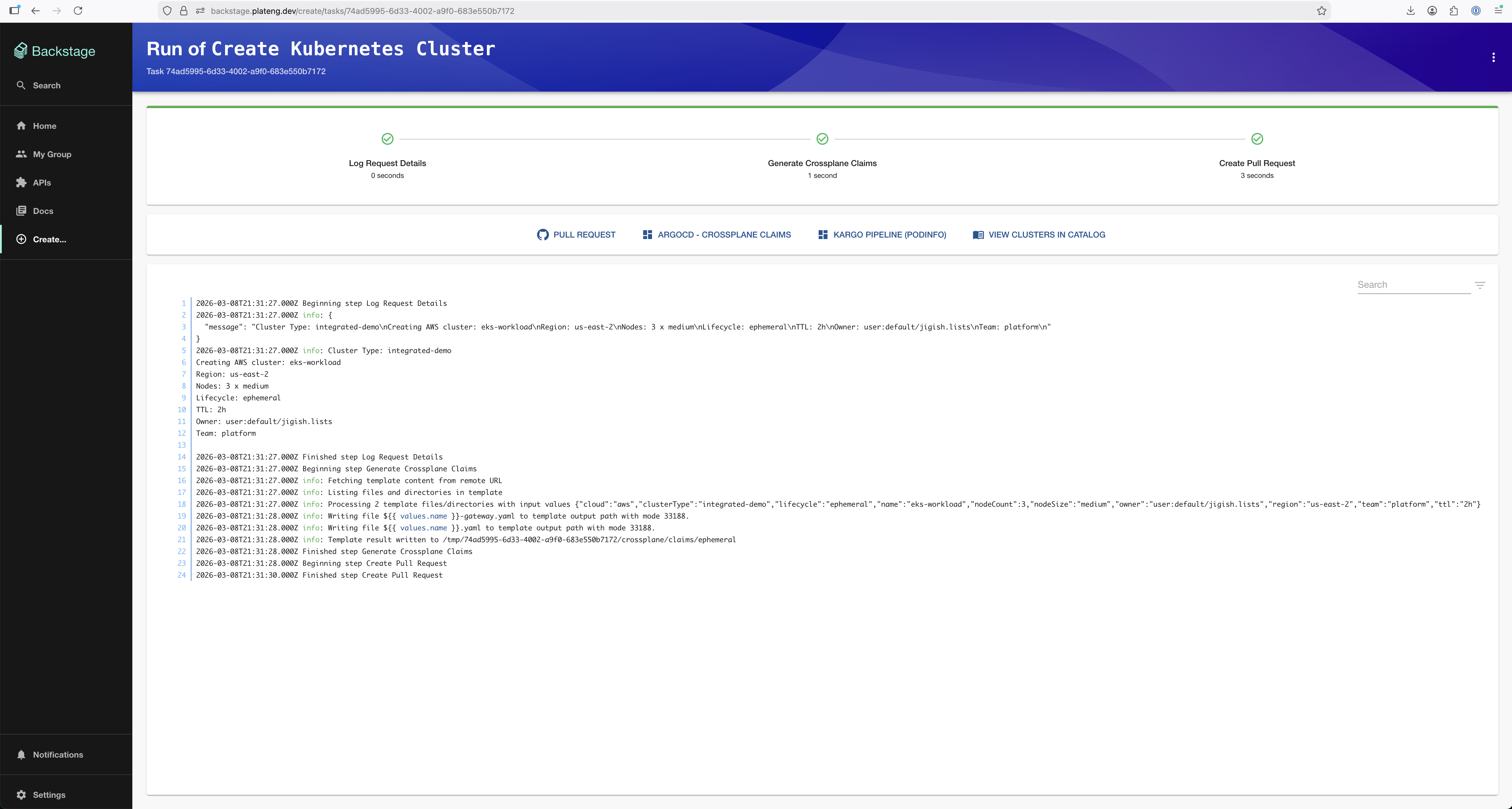 EKS cluster creation running: generating claims, creating PR