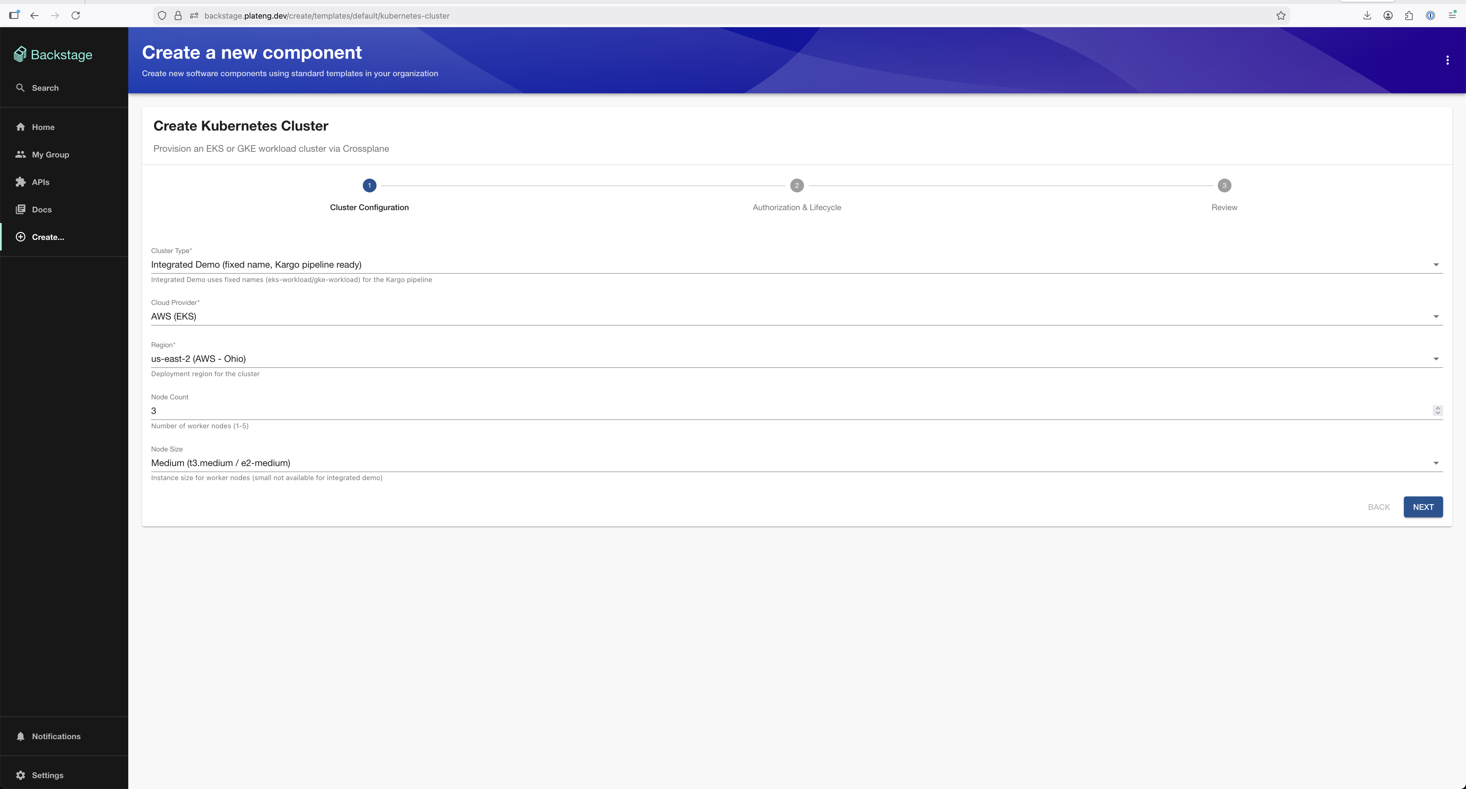 EKS cluster configuration: cloud provider, region, node count