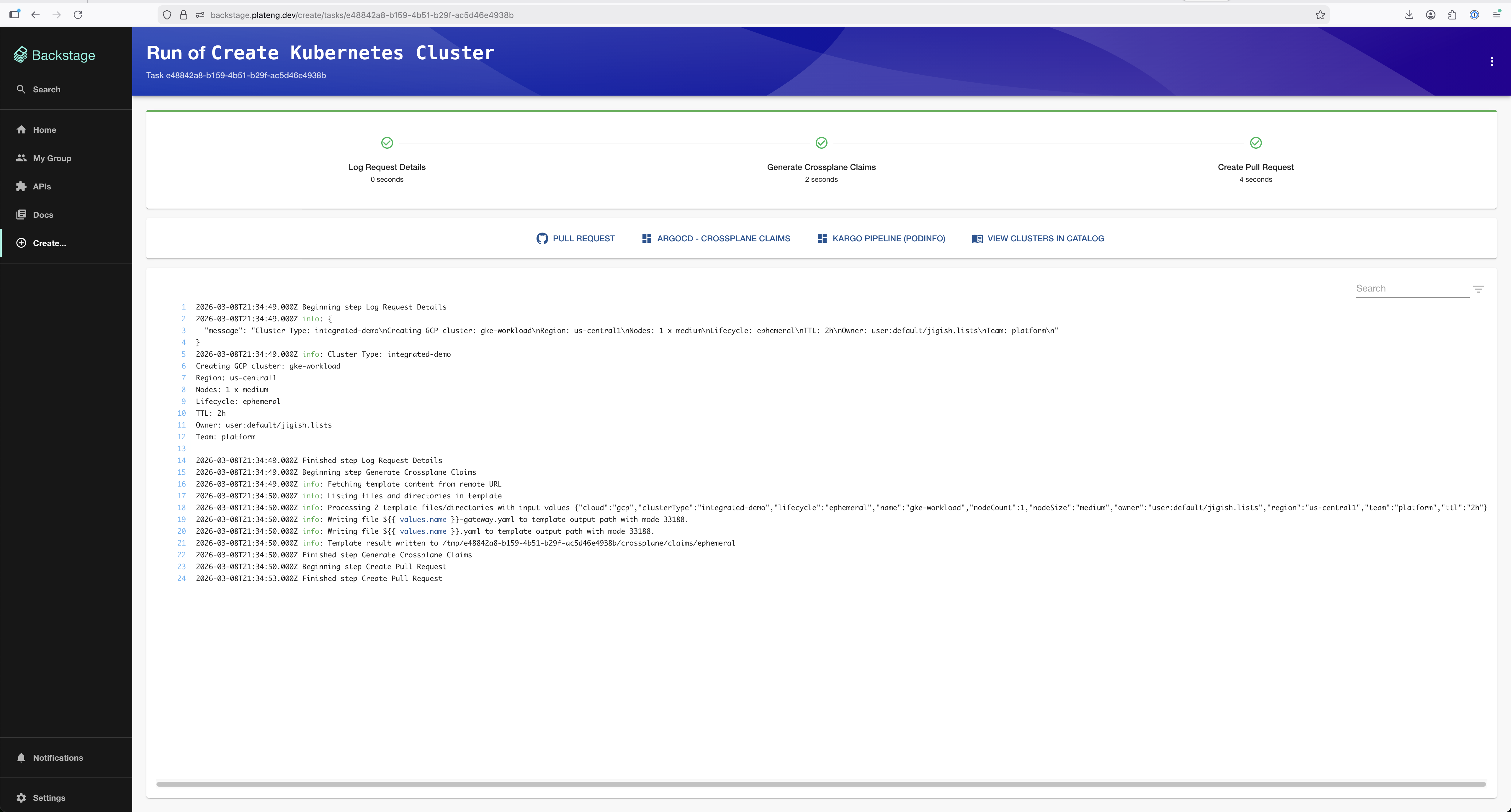 GKE cluster creation running: generating claims, creating PR