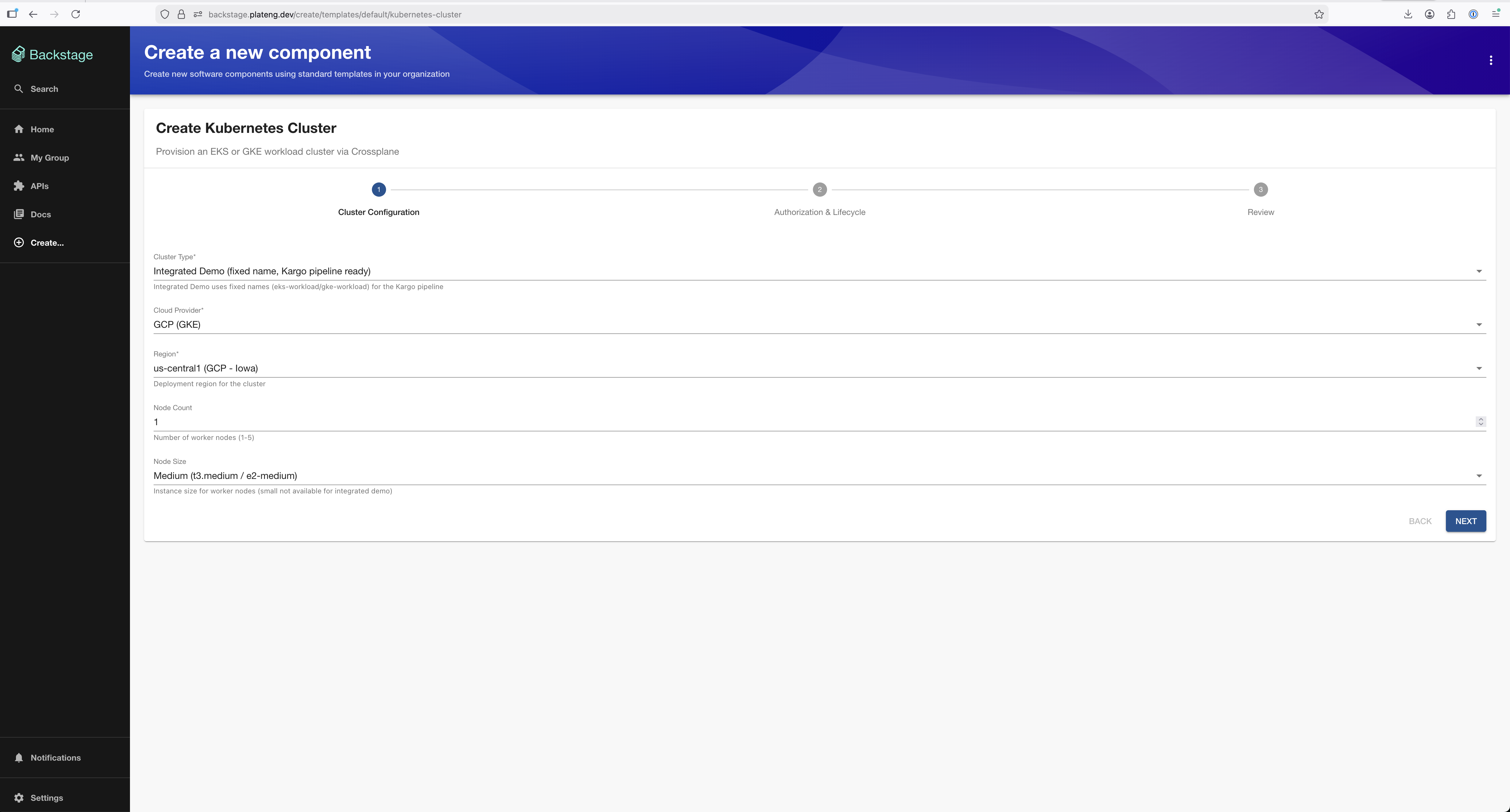 GKE cluster configuration: cloud provider, region, node count