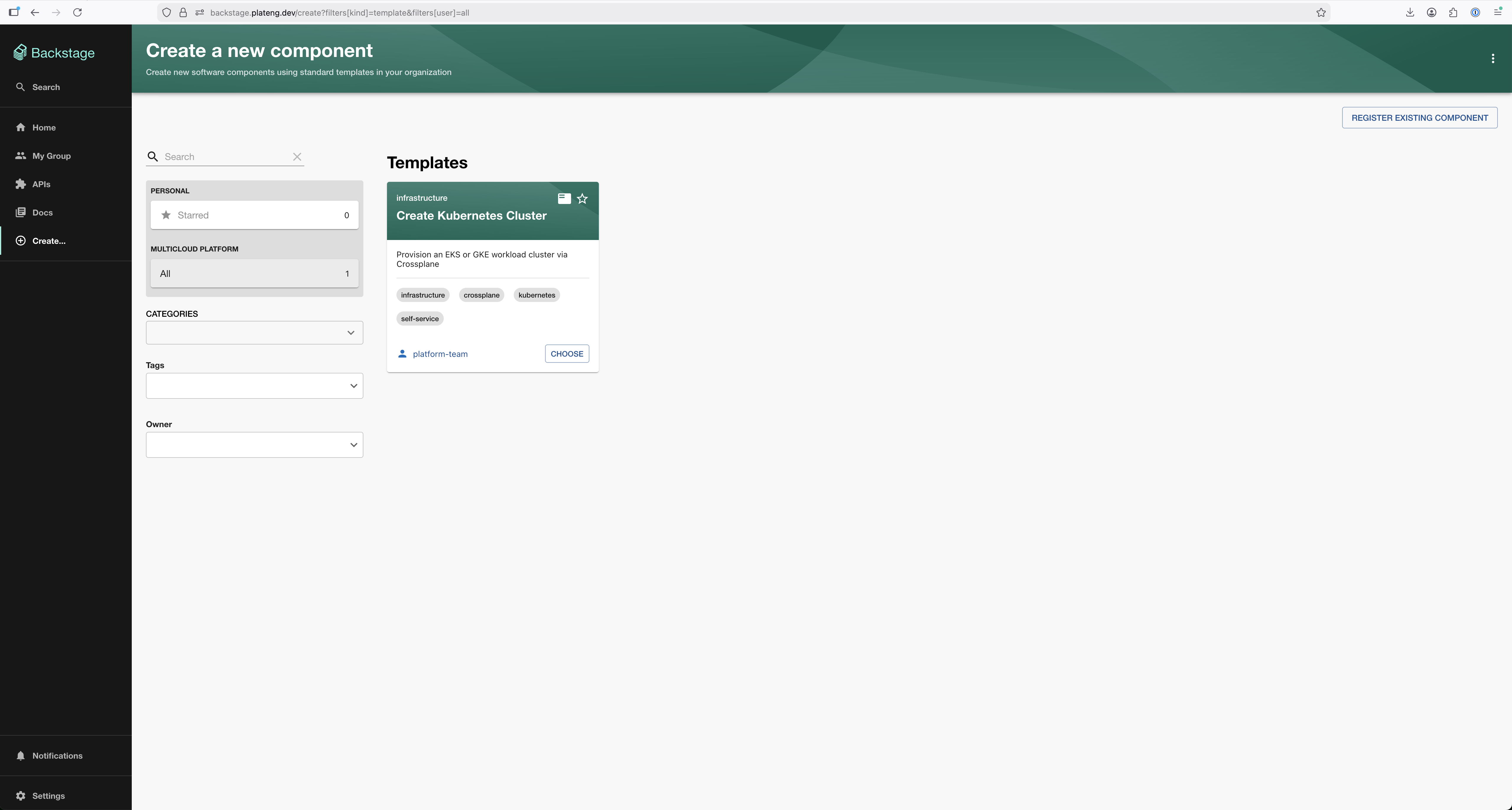 Backstage template: Create Kubernetes Cluster