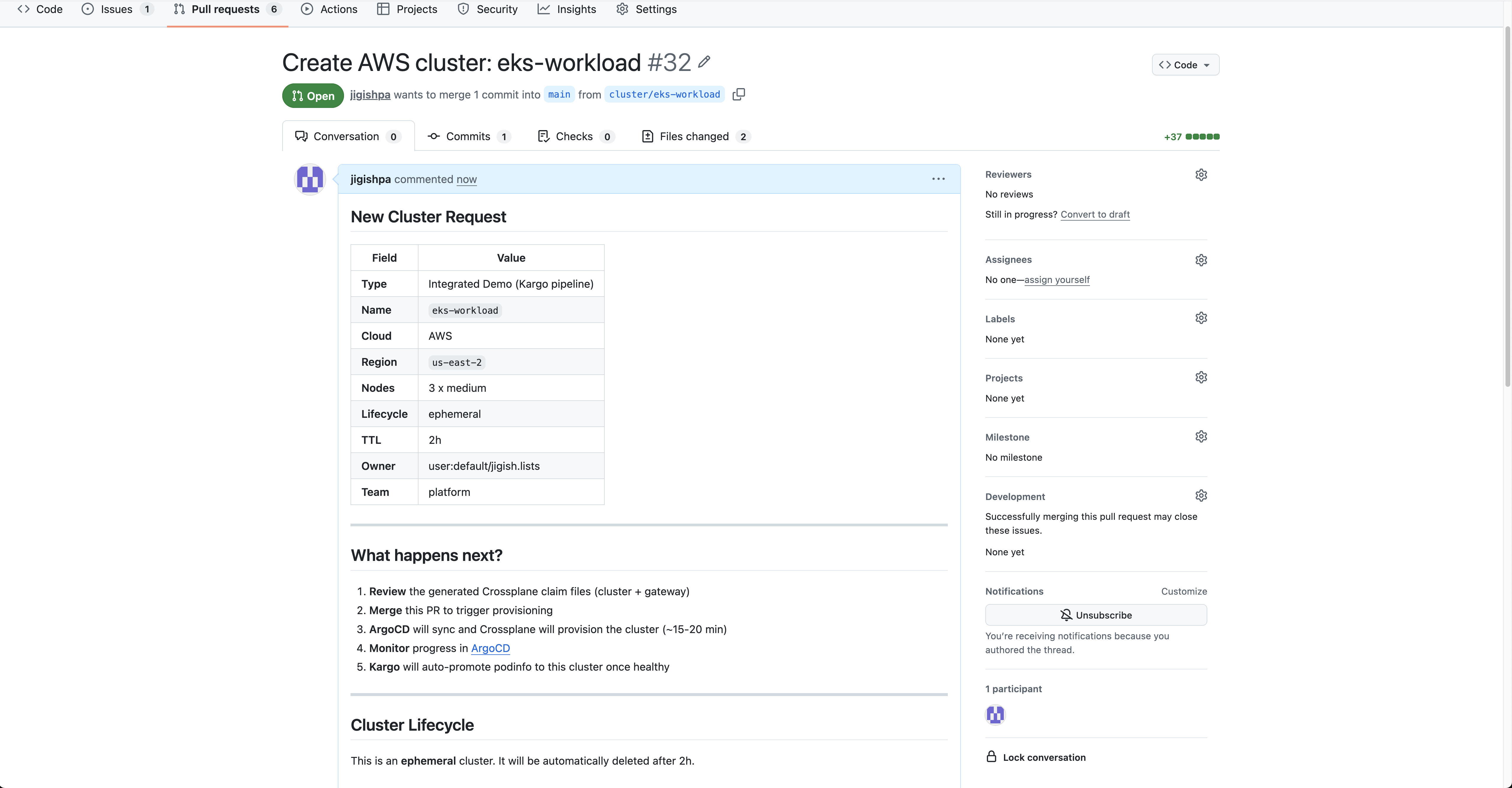GitHub PR overview for EKS workload cluster