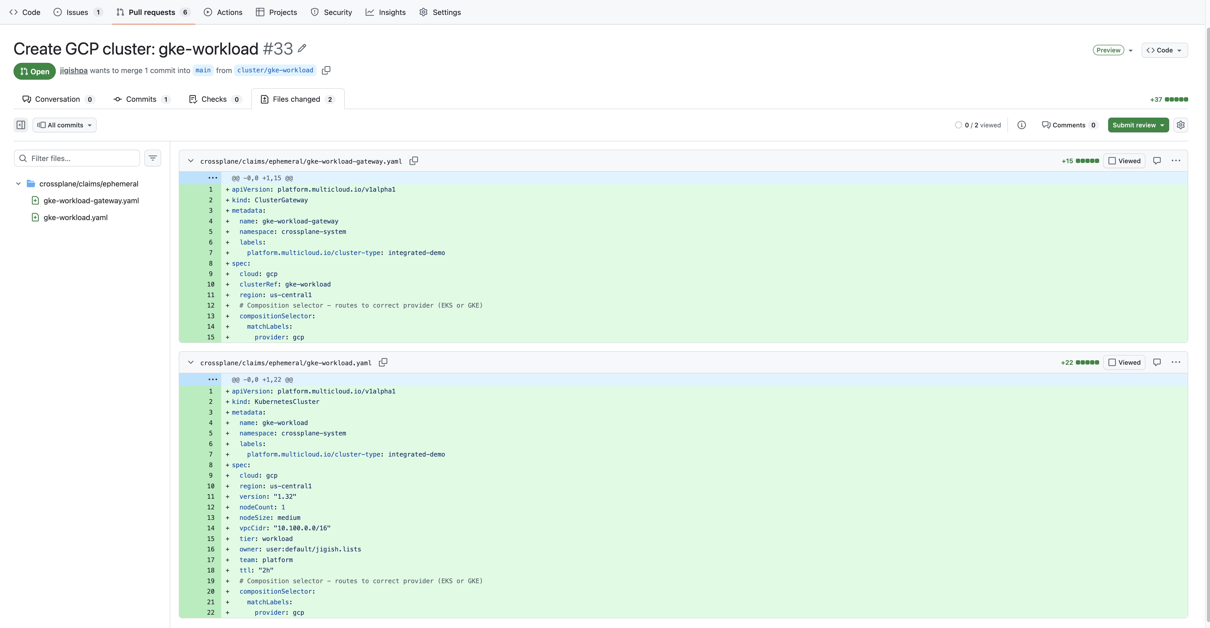 GitHub PR files: Crossplane claim YAML for GKE cluster